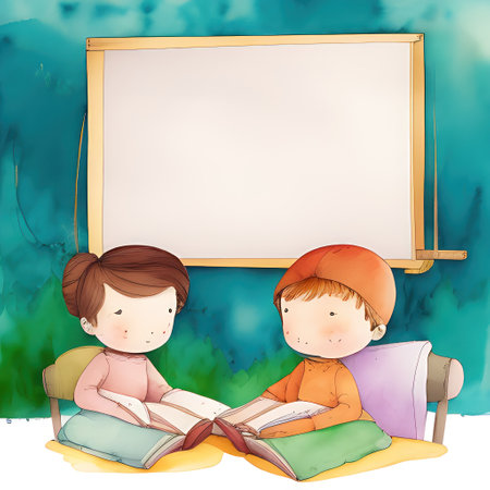 Illustration of a boy and girl reading a book on a blue backgroundの素材