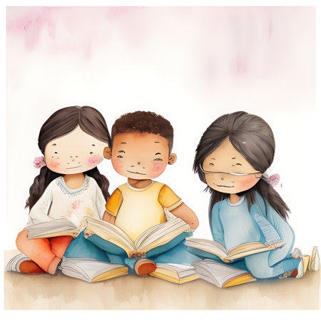 Three children reading a book on a white background. Illustration.の素材