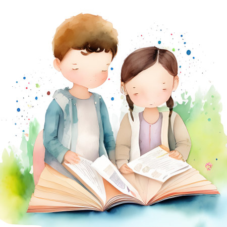 Illustration of a boy and a girl reading a book on a white backgroundの素材
