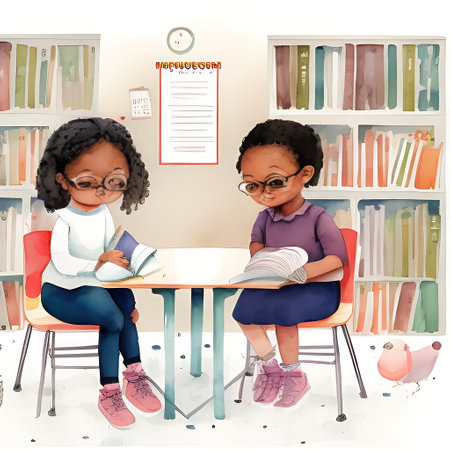 Illustration of an African-American girl doing her homework with her sisterの素材