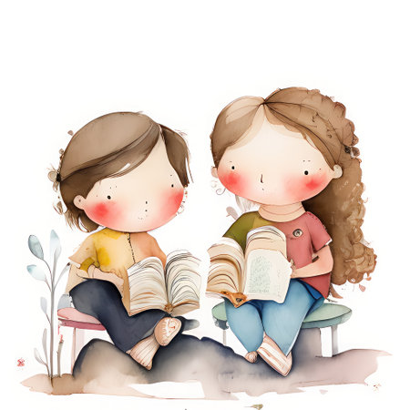 Illustration of two children reading a book on a white background.の素材