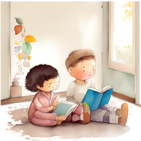 Brother and sister reading books in the living room. Conceptual illustration.の素材
