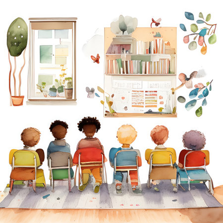 Illustration of a group of children reading books on a white backgroundの素材