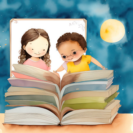 Two kids reading books on a background of the night sky with moonの素材