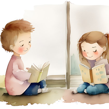 Cute kids reading books in the room. Watercolor illustration.の素材