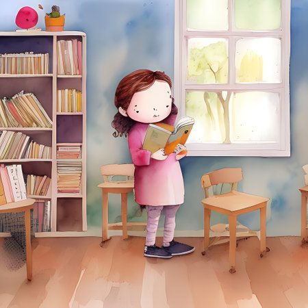 Girl reading a book in the room. Illustration for children.の素材