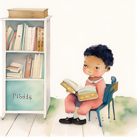 Two kids reading a book in the room. Children's illustration.の素材