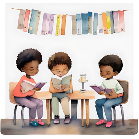 Illustration of a group of children reading books on a white backgroundの素材