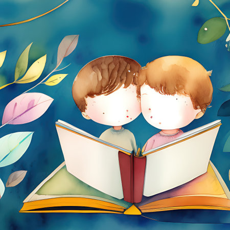 Cute little boy and girl reading a book. Vector illustration.の素材