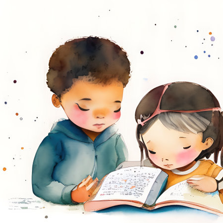 Illustration of a little boy and girl reading a book together.の素材