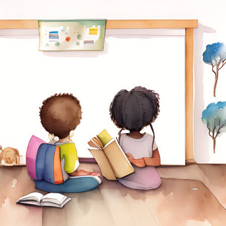 Illustration of children reading books in a room with a white backgroundの素材