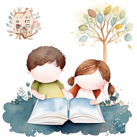 Illustration of a boy and a girl reading a book on a white backgroundの素材