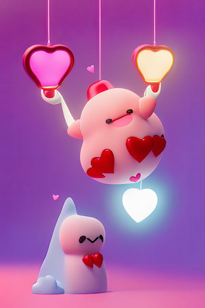 Background for valentine, lamps with glowing hearts, smooth lighting soft pastel colorsの素材