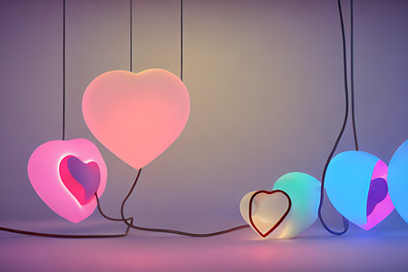 Background for valentine, lamps with glowing hearts, smooth lighting soft pastel colorsの素材