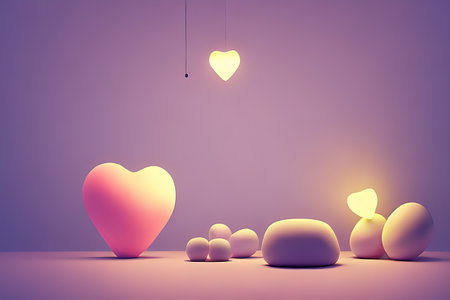 Background for valentine, lamps with glowing hearts, smooth lighting soft pastel colorsの素材