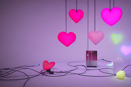 Background for valentine, lamps with glowing hearts, smooth lighting soft pastel colorsの素材