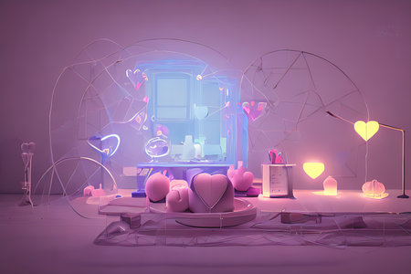Background for valentine, lamps with glowing hearts, smooth lighting soft pastel colorsの素材