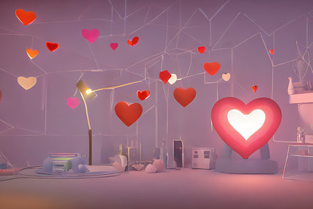 Background for valentine, lamps with glowing hearts, smooth lighting soft pastel colorsの素材