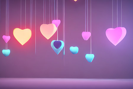 Background for valentine, lamps with glowing hearts, smooth lighting soft pastel colorsの素材