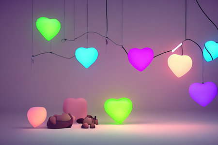 Background for valentine, lamps with glowing hearts, smooth lighting soft pastel colorsの素材