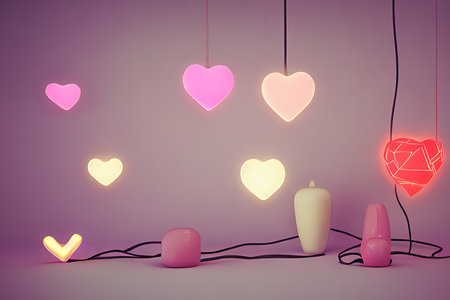 Pink background with heart shapes and candles, 3d rendering. Computer digital drawing.の素材