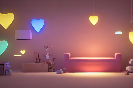 Background for valentine, lamps with glowing hearts, smooth lighting soft pastel colorsの素材