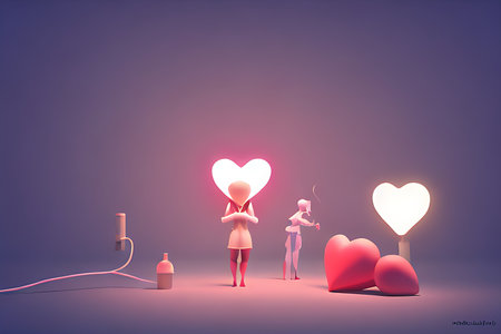 Background for valentine, lamps with glowing hearts, smooth lighting soft pastel colorsの素材