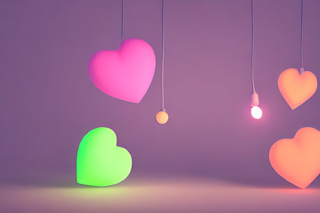 Background for valentine, lamps with glowing hearts, smooth lighting soft pastel colorsの素材