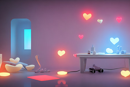 Background for valentine, lamps with glowing hearts, smooth lighting soft pastel colorsの素材