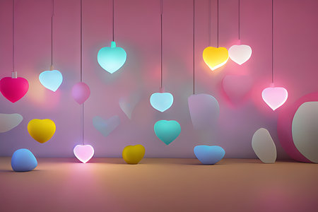 Background for valentine, lamps with glowing hearts, smooth lighting soft pastel colorsの素材