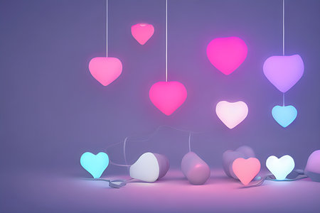 Background for valentine, lamps with glowing hearts, smooth lighting soft pastel colorsの素材