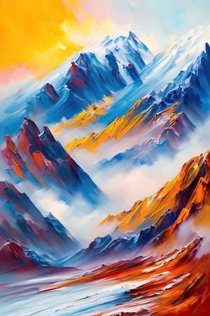 Contemporary Digital Oil Painting of Mountain Landscape in Artistic and Vibrant Colors, Generative AIの素材
