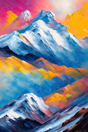 Contemporary Digital Oil Painting of Mountain Landscape in Artistic and Vibrant Colors, Generative AIの素材