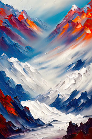 Contemporary Digital Oil Painting of Mountain Landscape in Artistic and Vibrant Colors, Generative AIの素材