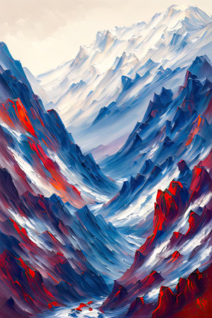 Contemporary Digital Oil Painting of Mountain Landscape in Artistic and Vibrant Colors, Generative AIの素材