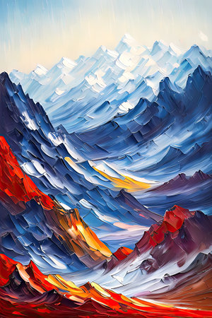 Contemporary Digital Oil Painting of Mountain Landscape in Artistic and Vibrant Colors, Generative AIの素材