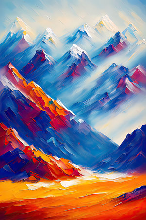 Contemporary Digital Oil Painting of Mountain Landscape in Artistic and Vibrant Colors, Generative AIの素材