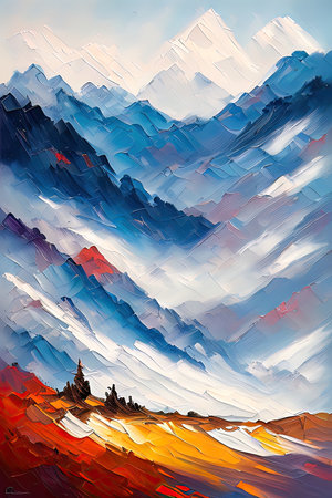 Contemporary Digital Oil Painting of Mountain Landscape in Artistic and Vibrant Colors, Generative AIの素材
