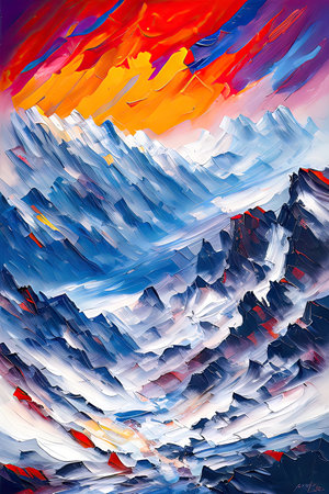 Contemporary Digital Oil Painting of Mountain Landscape in Artistic and Vibrant Colors, Generative AIの素材