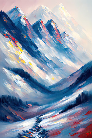 Contemporary Digital Oil Painting of Mountain Landscape in Artistic and Vibrant Colors, Generative AIの素材