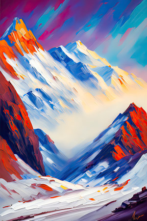 Contemporary Digital Oil Painting of Mountain Landscape in Artistic and Vibrant Colors, Generative AIの素材