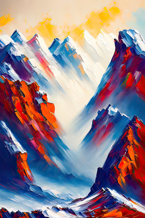 Contemporary Digital Oil Painting of Mountain Landscape in Artistic and Vibrant Colors, Generative AIの素材