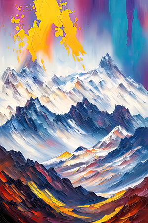 Contemporary Digital Oil Painting of Mountain Landscape in Artistic and Vibrant Colors, Generative AIの素材