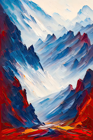 Contemporary Digital Oil Painting of Mountain Landscape in Artistic and Vibrant Colors, Generative AIの素材