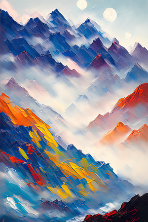 Contemporary Digital Oil Painting of Mountain Landscape in Artistic and Vibrant Colors, Generative AIの素材