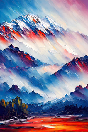 Contemporary Digital Oil Painting of Mountain Landscape in Artistic and Vibrant Colors, Generative AIの素材