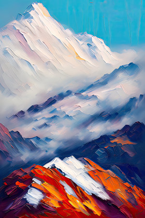 Contemporary Digital Oil Painting of Mountain Landscape in Artistic and Vibrant Colors, Generative AIの素材