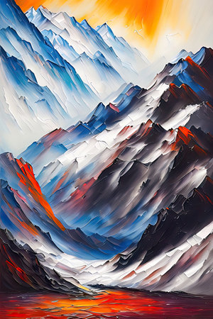Contemporary Digital Oil Painting of Mountain Landscape in Artistic and Vibrant Colors, Generative AIの素材