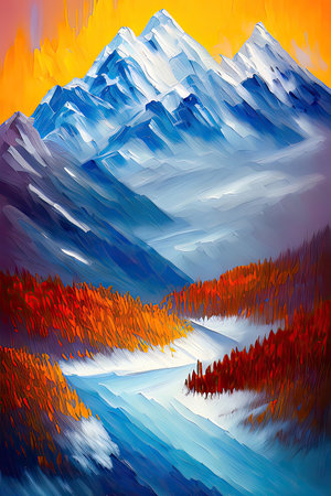 Contemporary Digital Oil Painting of Mountain Landscape in Artistic and Vibrant Colors, Generative AIの素材
