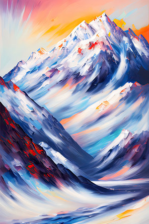 Contemporary Digital Oil Painting of Mountain Landscape in Artistic and Vibrant Colors, Generative AIの素材